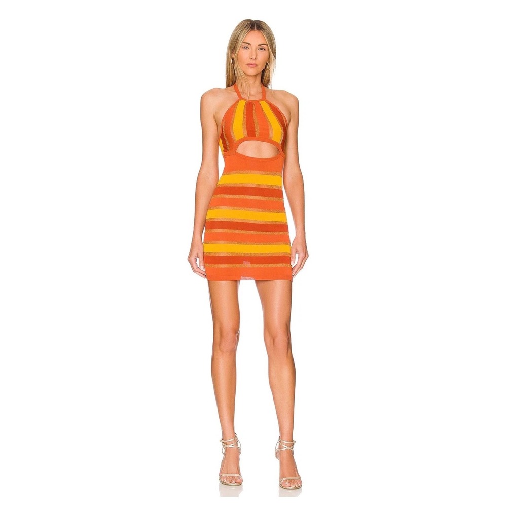 For Love & Lemons Tori Mini Dress Orange Striped Halter Cutout Knit Bodycon Sz S